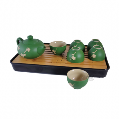 雅仕茶具組(綠色):1壺6飲杯1竹水盤