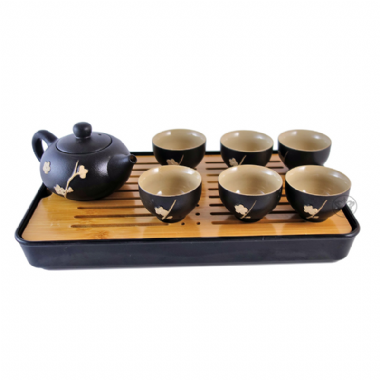 雅仕茶具組(黑色):1壺6飲杯1竹水盤