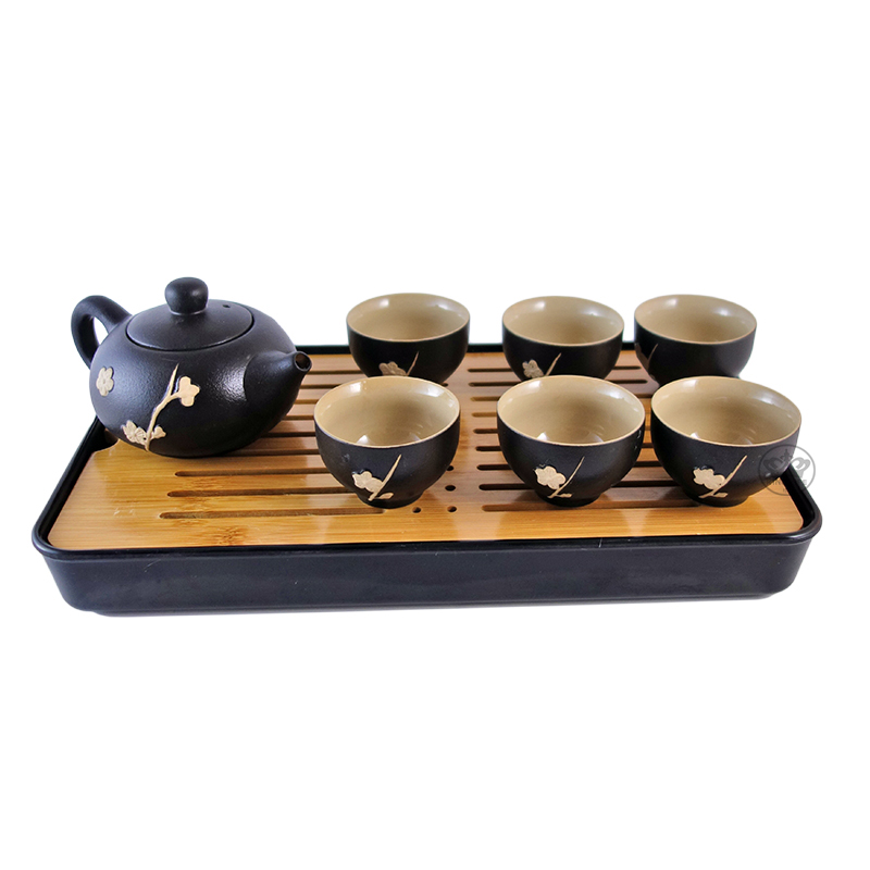 雅仕茶具組(黑色):1壺6飲杯1竹水盤